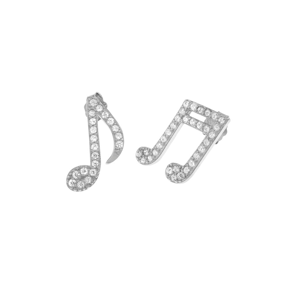 Sterling Silver Rhodium Plated Pave CZ Music Note Stud Earrings