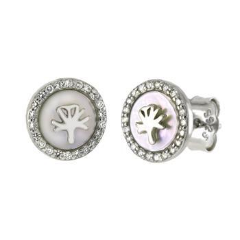 Sterling Silver Leaf On Pearl Shell CZ Stud Earrings