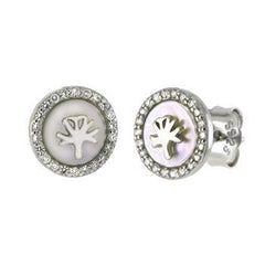 Sterling Silver Leaf On Pearl Shell CZ Stud Earrings