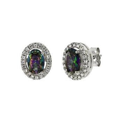 Sterling Silver Rainbow Mystic Halo CZ Stud Earrings