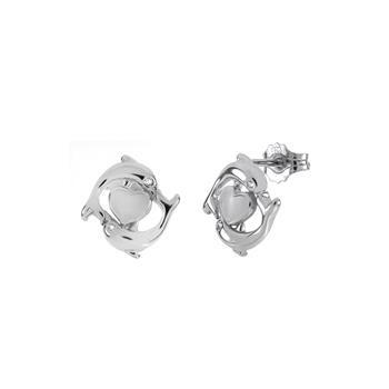Sterling Silver Rhodium Plated Double Dolphin With Heart Stud Earrings