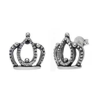 Sterling Silver Oxidized Crown Stud Earrings