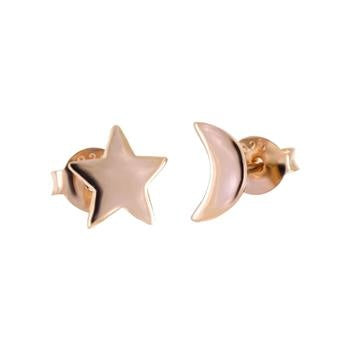Sterling Silver Rose Plated Moon And Star Stud Earrings