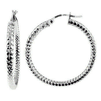 Sterling Silver Round Tube Diamond Cut Hoop Earrings