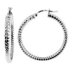 Sterling Silver Round Tube Diamond Cut Hoop Earrings