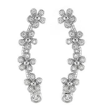 Sterling Silver Flower CZ Ear Climbers Clip Earrings