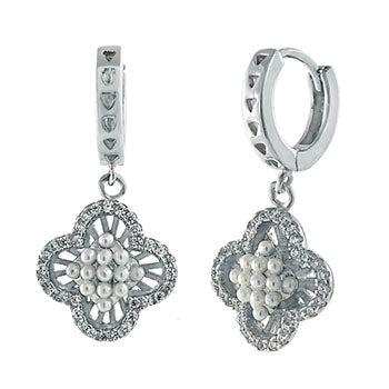 Sterling Silver Rhodium Plated Four Leaf Clover CZ Pearl Bead Huggie Hoop Earrings