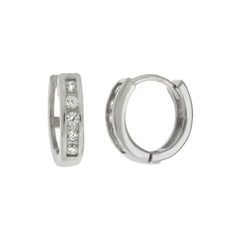 Sterling Silver Rhodium Plated Channel Set CZ Huggie Hoop Earrings