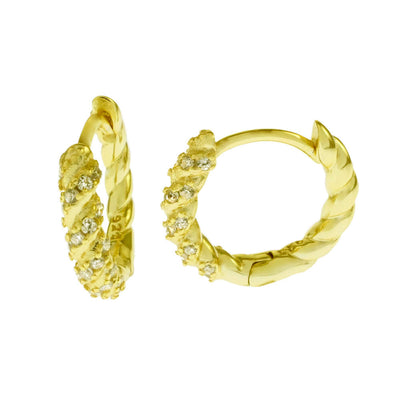 Sterling Silver CZ Gold Plated Twisted Huggie Hoop Earrings