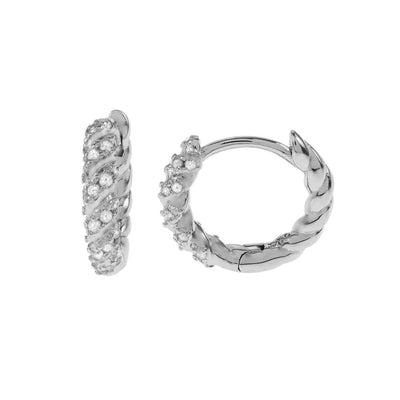 Sterling Silver Rhodium Plated CZ Twisted Huggie Hoop Earrings
