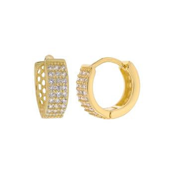 Sterling Silver Gold Plated 3 Lines Pave CZ Huggie Hoop Earrings
