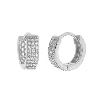 Sterling Silver Rhodium Plated 3 Lines Pave CZ Huggie Hoop Earrings