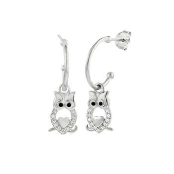 Sterling Silver Rhodium Plated Owl Hoop Earrings