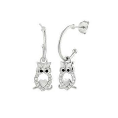 Sterling Silver Rhodium Plated Owl Hoop Earrings