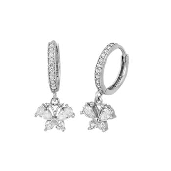 Sterling Silver Rhodium Plated Butterfly CZ Huggie Hoop Earrings