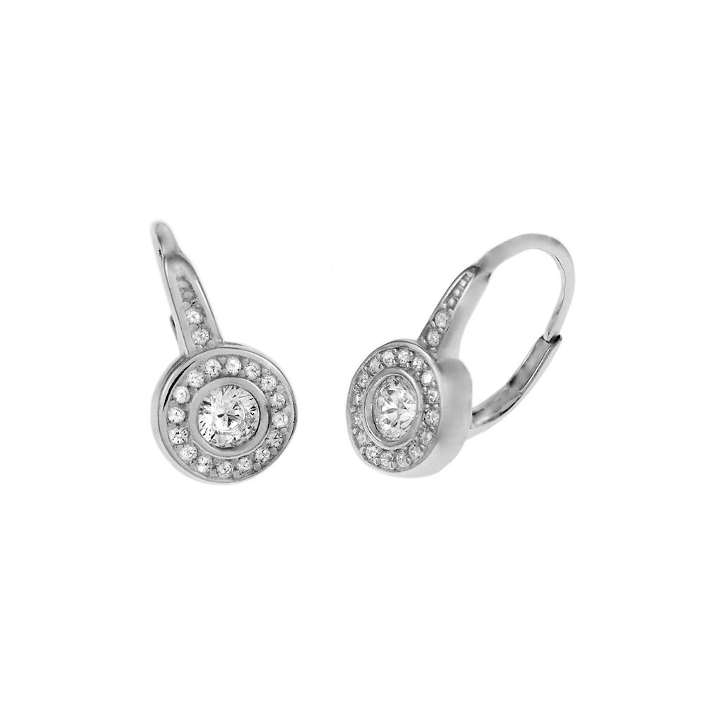 Sterling Silver Rhodium Plated Halo CZ Lever Back Drop Earrings