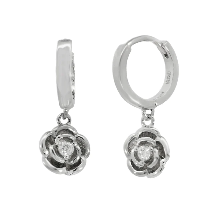 Sterling Silver Rhodium Plated Dangle CZ Rose Huggie Hoop Earrings