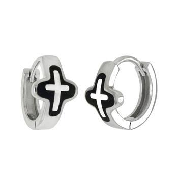 Sterling Silver Black Enamel Cross Huggie Earrings