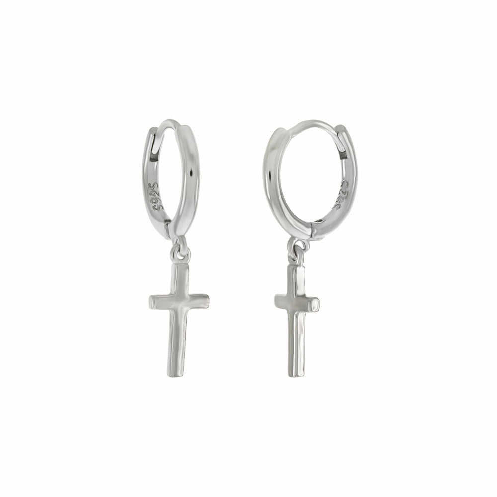 Sterling Silver Rhodium Dangle Cross Huggie Hoop Earrings