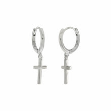 Load image into Gallery viewer, Sterling Silver Rhodium Dangle Cross Huggie Hoop Earrings