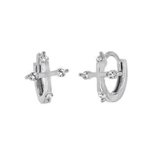 Load image into Gallery viewer, Sterling Silver Rhodium Plated CZ Cross Huggie Hoop Earrings