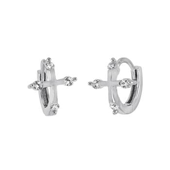 Sterling Silver Rhodium Plated CZ Cross Huggie Hoop Earrings
