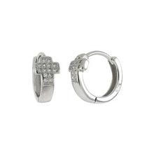 Load image into Gallery viewer, Sterling Silver Rhodium Plated Cross CZ Huggie Hoop Earrings