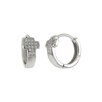 Sterling Silver Rhodium Plated Cross CZ Huggie Hoop Earrings