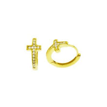Load image into Gallery viewer, Sterling Silver Gold Plated Cross CZ Huggie Hoop Earrings