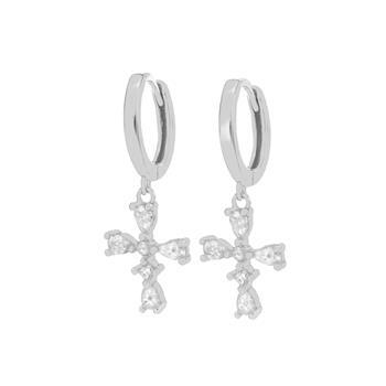 Sterling Silver Rhodium Plated Cross CZ Huggies Hoop Earrings