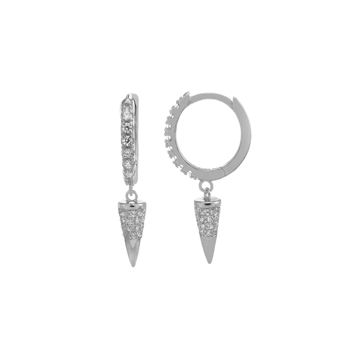 Sterling Silver Rhodium Plated CZ Bullet Huggie Hoop Earrings