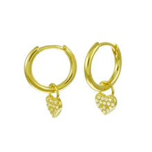 Load image into Gallery viewer, Sterling Silver Dangle Pave CZ Heart Huggie Hoop Gold Plated Earrings