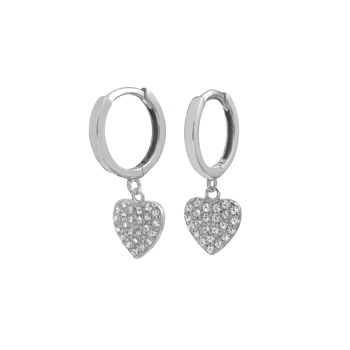 Sterling Silver Rhodium Plated Pave CZ Heart Huggie Hoop Earrings