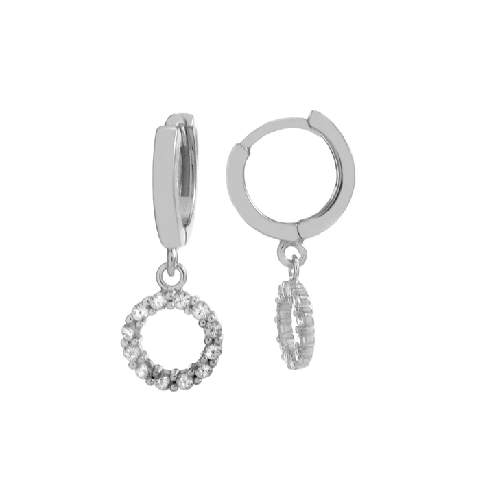 Sterling Silver Rhodium Plated Dangle Circle CZ Huggie Hoop Earrings