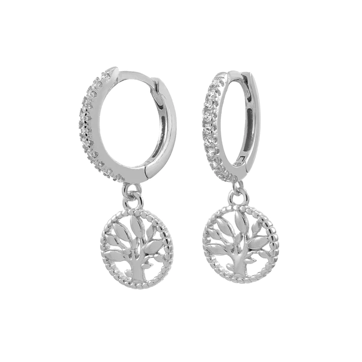 Sterling Silver Rhodium Plated Dangle Tree Of Life CZ Huggie Hoop Earrings