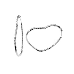 Sterling Silver Rhodium Plated Diamond Cut Heart Shape Hoop Earrings