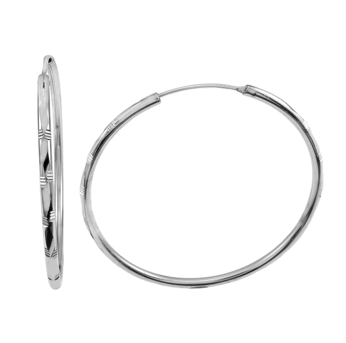 Sterling Silver Rhodium Plated Diamond Cut Hoop Earrings