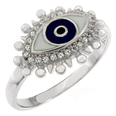 Sterling Silver Enamel Evil Eye CZ Ring