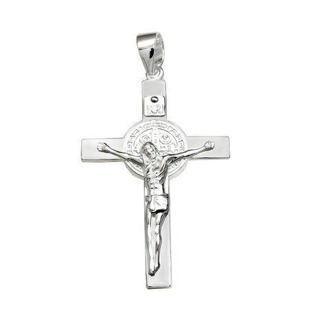 Sterling Silver High Polished 24mm San Benito Crucifix Cross Pendant