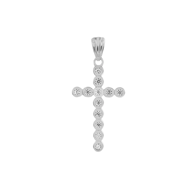 Sterling Silver Rhodium Plated Round Bezel Set CZ Cross Pendant