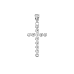 Sterling Silver Rhodium Plated Round Bezel Set CZ Cross Pendant