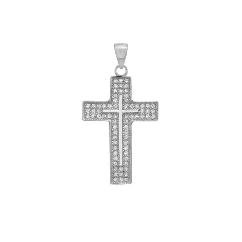 Sterling Silver Rhodium Plated Pave CZ Cross Pendant