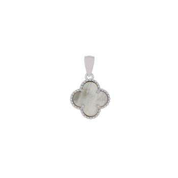 Sterling Silver Mother of Pearl Clover Rhodium Plated Pendant