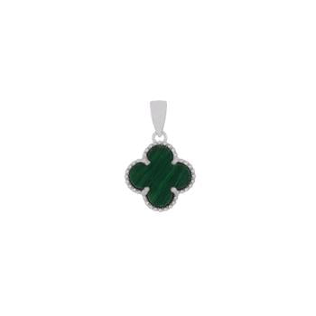 Sterling Silver Malachite Clover Rhodium Plated Pendant