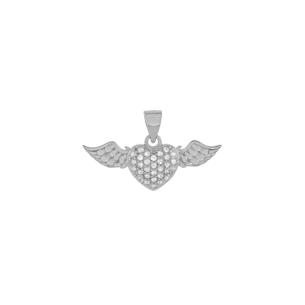 Sterling Silver Pave CZ Heart Angle Wings Pendant