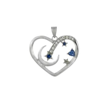 Sterling Silver Rhodium Plated Moon Star Heart Multicolor CZ Pendant