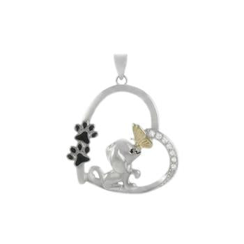 Sterling Silver Rhodium Plated Heart Puppy Dog CZ Pendant