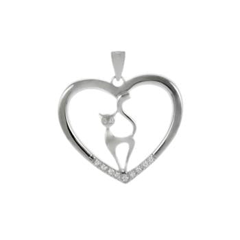 Sterling Silver Rhodium Plated Cat And Heart CZ Pendant