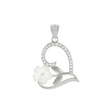 Load image into Gallery viewer, Sterling Silver Rhodium Plated Mother Of Pearl Flower CZ Heart Pendant