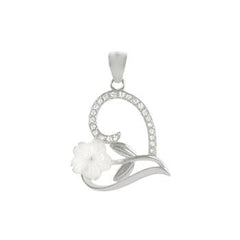 Sterling Silver Rhodium Plated Mother Of Pearl Flower CZ Heart Pendant